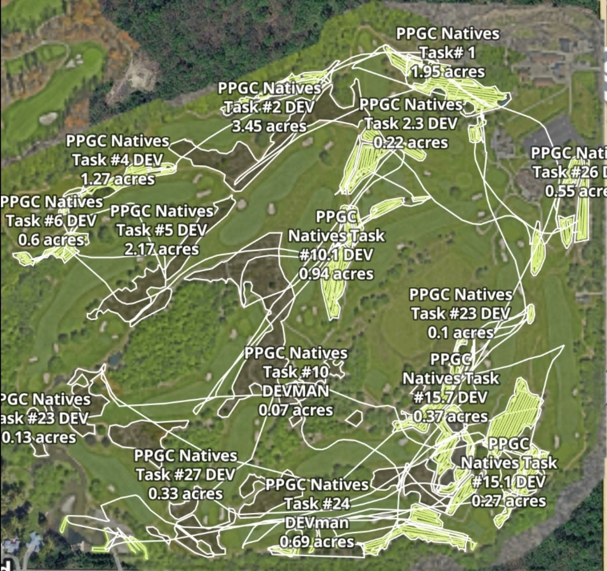 Real DroneSpray.ai task map showing named native-area treatment polygons with per-area acreage